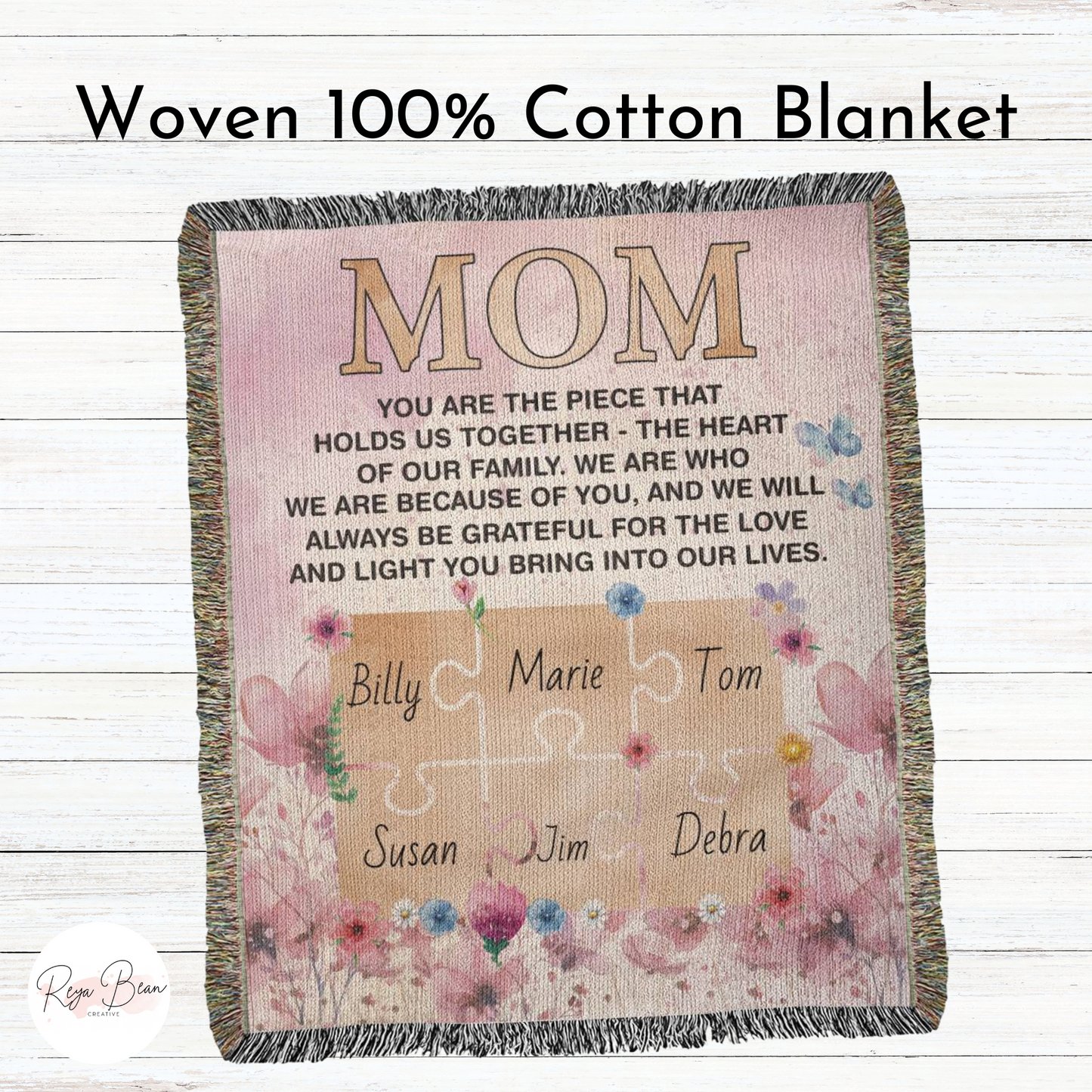 Custom Blanket Gift for Mom, Personalized Kids Name Puzzle Pieces Cotton Heirloom Artwork Woven Throw Blanket Love Gift from Kids, 50 x 60"