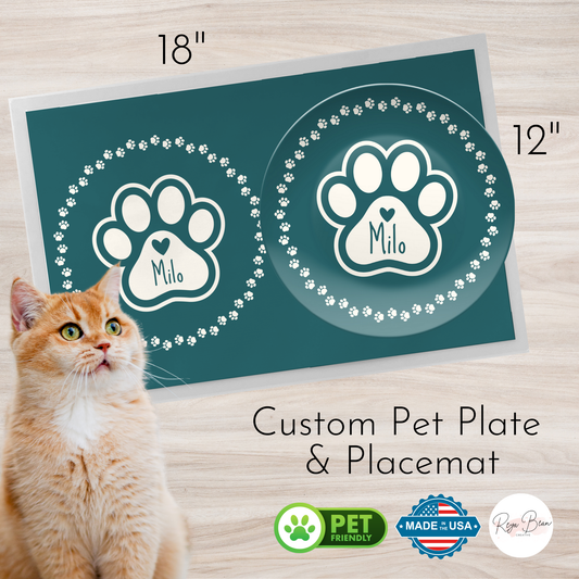 Personalized Cat Plate, Custom Water Bowl Kitten Parent, Kitty Birthday Party Pet Paw Placemat Matching Set, Gift for Cat-Lover Feeding Set