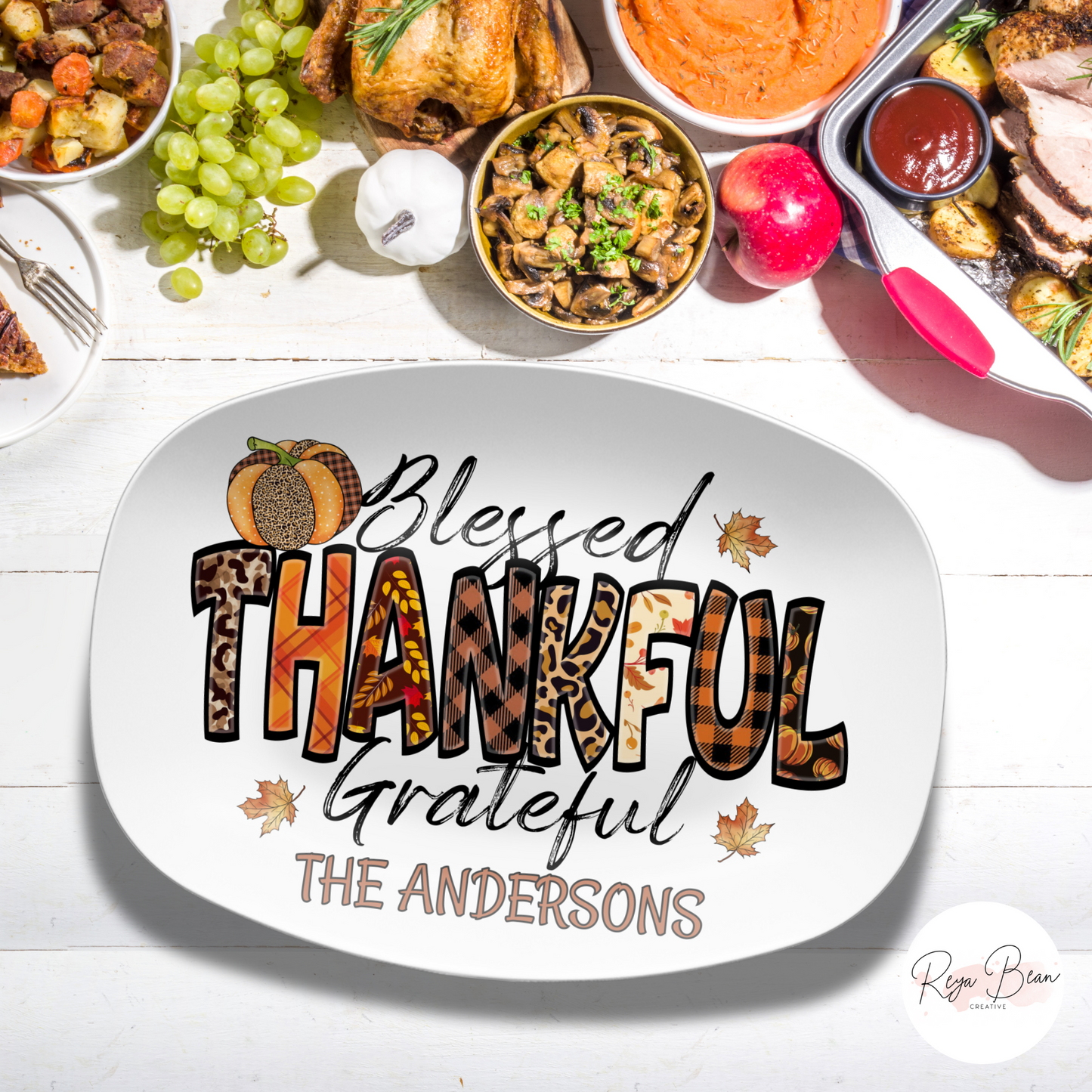 Custom Blessed Thankful Grateful Thanksgiving Platter, 10 x 14" Unbreakable DecoWare