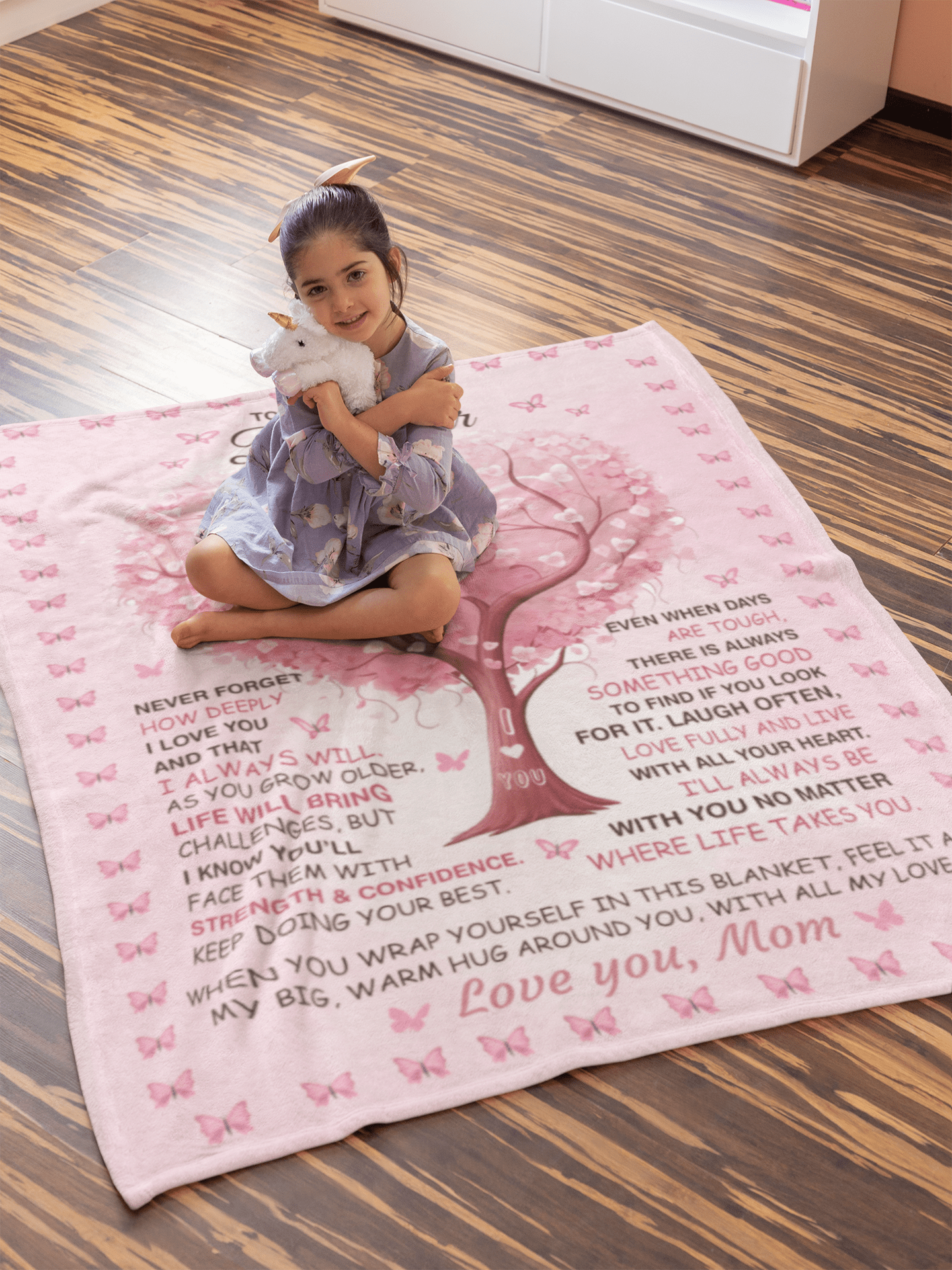 To my Daughter Gift From Mom, Mother to Daughter Pink Butterflies Throw, I Love You Blossom Tree Velveteen Plush Baby Girl Blanket, 60 x 80"