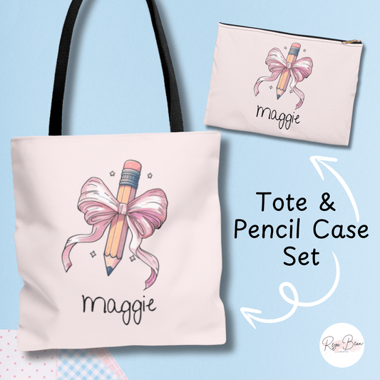 Back to School Coquette Tote Bag Pencil Case Set, Custom Name Pink Bow Pencil Child's Name First Day of School Personalized Bundle