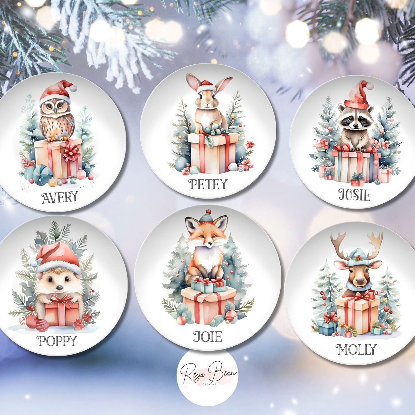 Christmas Animal Plates Cute, Unbreakable DecoPlate Dinnerware Set of 6 Xmas Dishes, Holiday Dining Set Gift Hedgehog Fox Raccoon Owl Deer