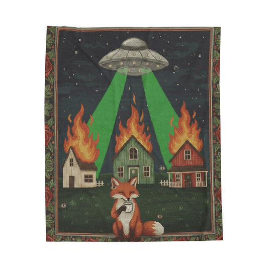 Alien Invasion Blanket – Funny Fox Coffee Throw With UFO Laser Beam Art