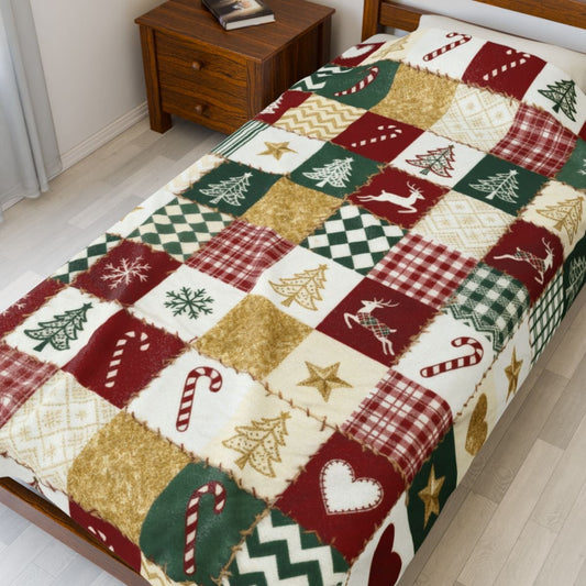 Christmas Blanket Patchwork Pattern Merry Christmas Gift Family Name Woven, Sherpa, or Velveteen Blanket