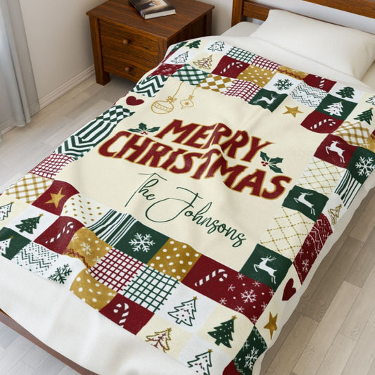 Custom Family Name Christmas Blanket Patchwork Pattern Personalized Merry Christmas Gift Family Name Woven, Sherpa, or Velveteen Blanket