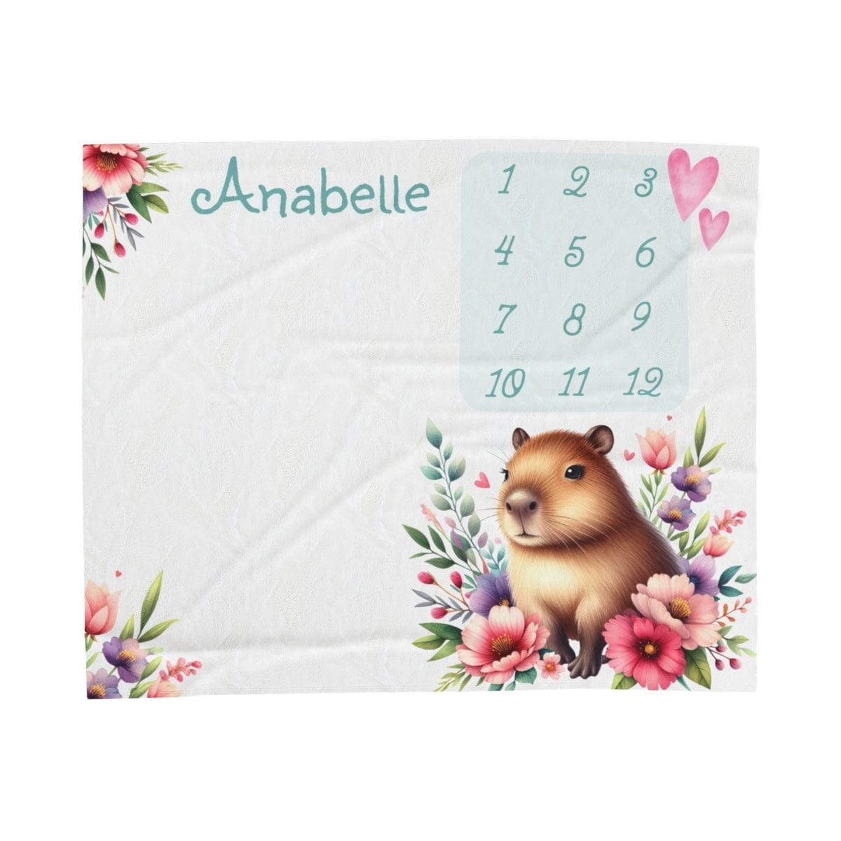 Capybara Baby Milestone Velveteen Blanket, Custom Capybara Floral 50 x 60" Plush Nursery Throw Monthly Photo Shoot Backdrop Baby Shower Gift