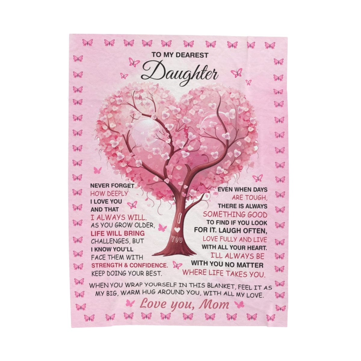 To my Daughter Gift From Mom, Mother to Daughter Pink Butterflies Throw, I Love You Blossom Tree Velveteen Plush Baby Girl Blanket, 60 x 80"