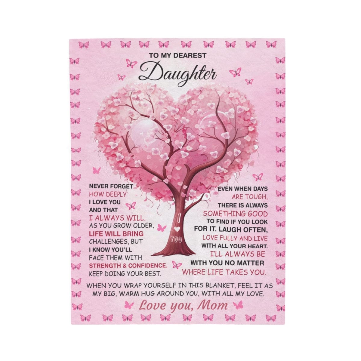 To my Daughter Gift From Mom, Mother to Daughter Pink Butterflies Throw, I Love You Blossom Tree Velveteen Plush Baby Girl Blanket, 60 x 80"