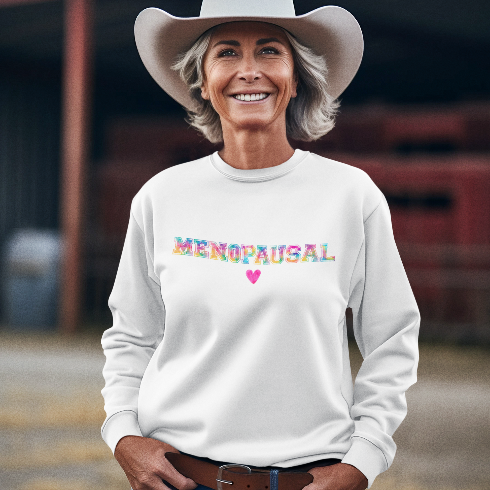 Menopausal Women's Crewneck Sweatshirt, Rainbow Varsity Font, 50% Ethically Grown Cotton / 50% Polyester