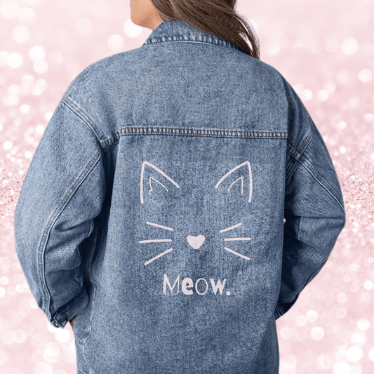 Meow Cat Line Art Oversized Jean Jacket