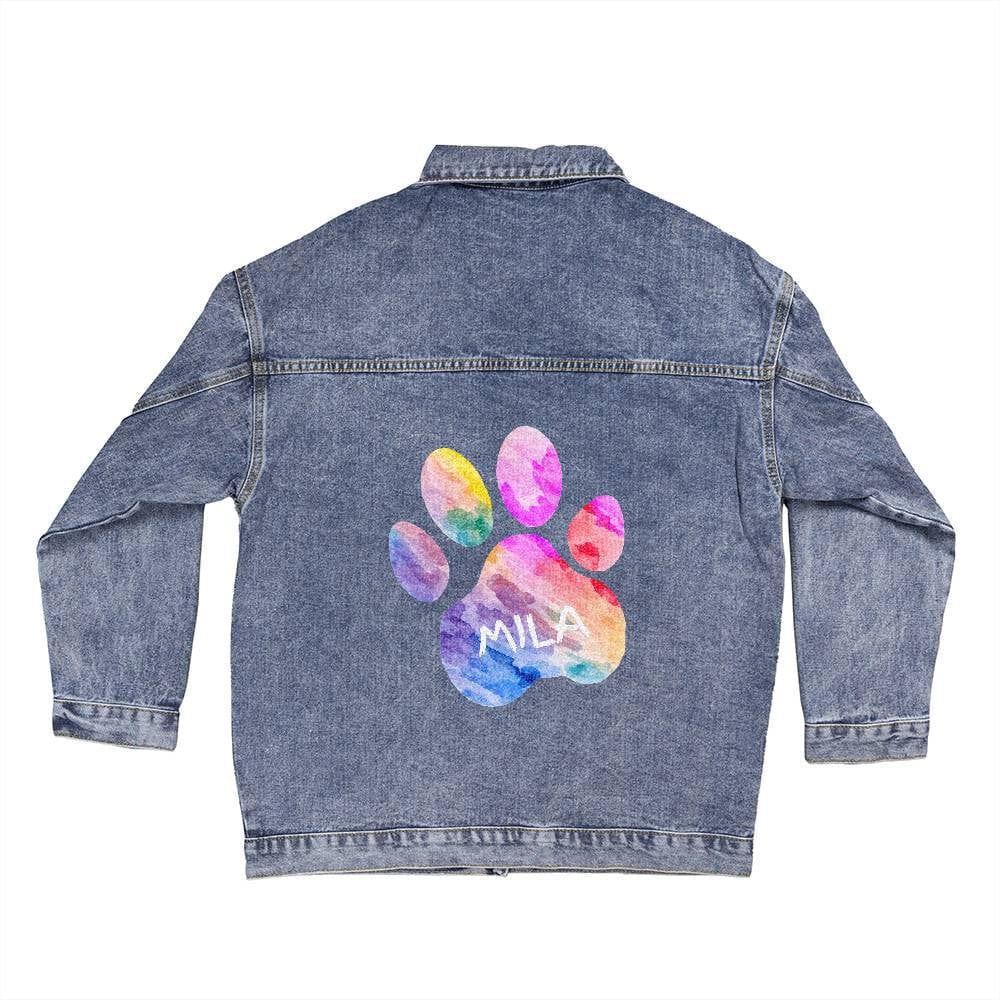 Custom Pet Name Colorful Paw Print Oversized Jean Jacket