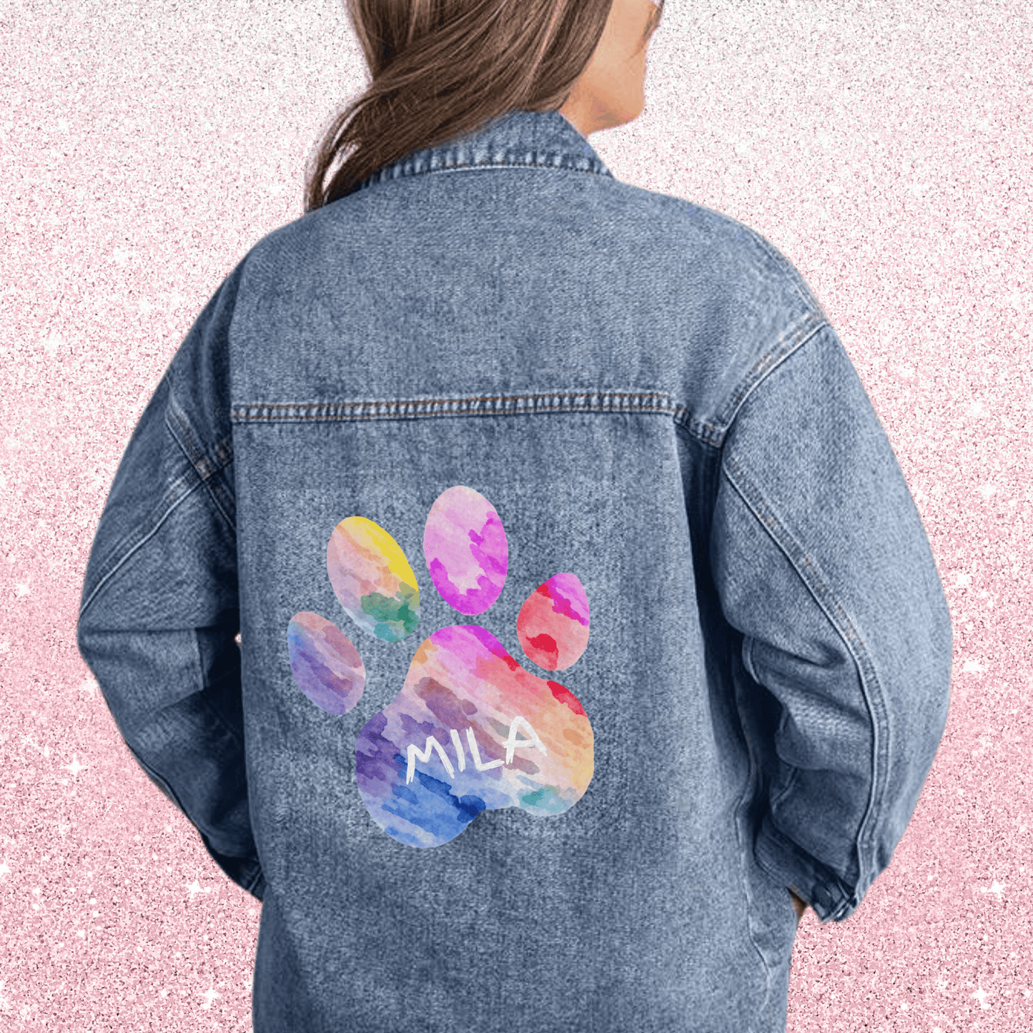 Custom Pet Name Colorful Paw Print Oversized Jean Jacket