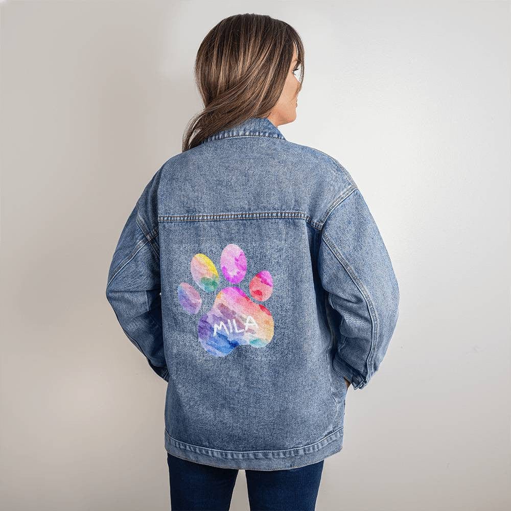 Custom Pet Name Colorful Paw Print Oversized Jean Jacket