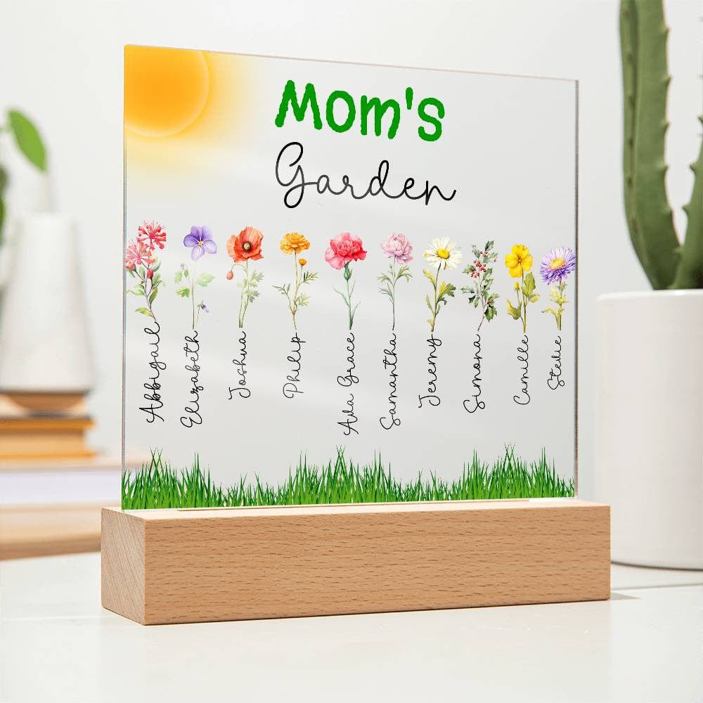 Mom's Garden Custom Kids' Names Birth Month Flowers - LED Lit Acrylic Square Plaque