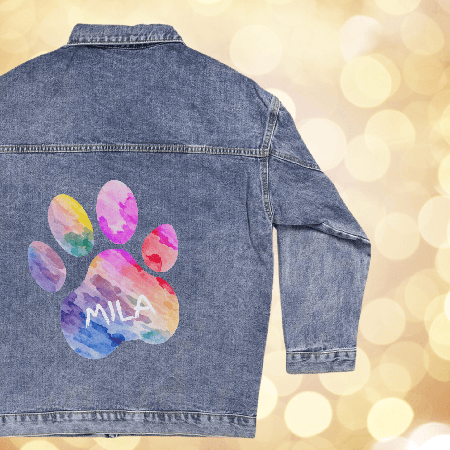 Custom Pet Name Colorful Paw Print Oversized Jean Jacket