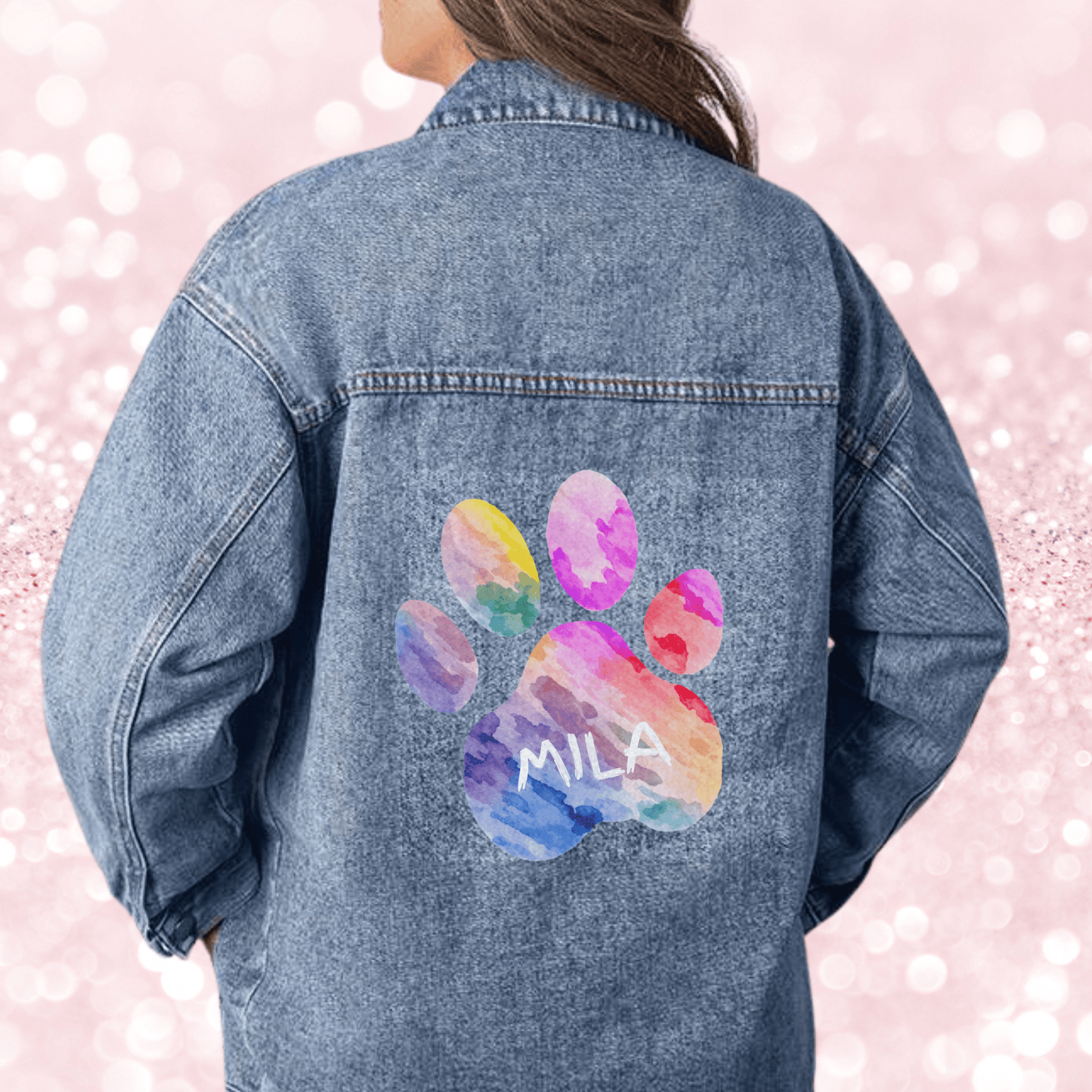 Custom Pet Name Colorful Paw Print Oversized Jean Jacket