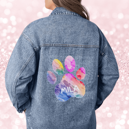 Custom Pet Name Colorful Paw Print Oversized Jean Jacket