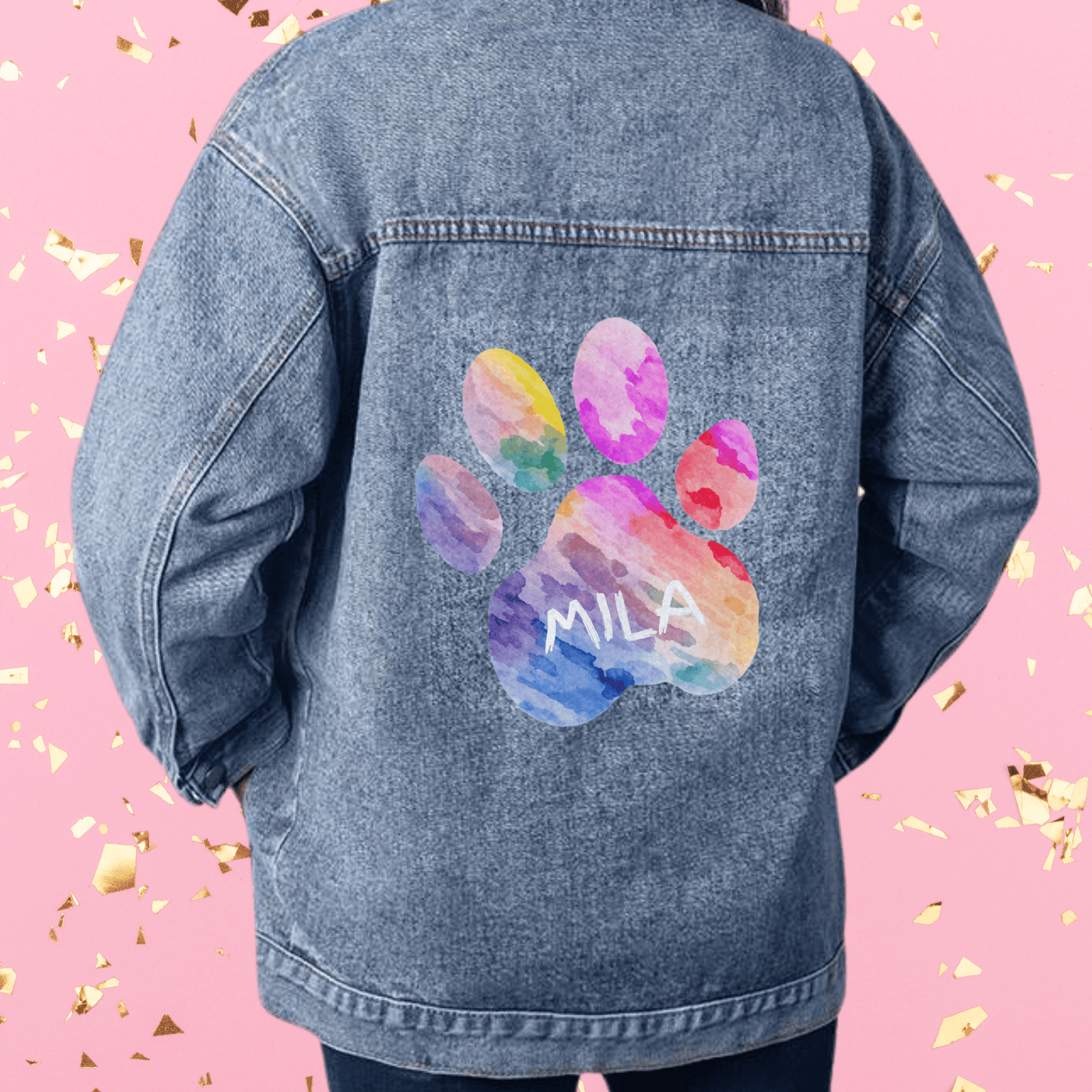 Custom Pet Name Colorful Paw Print Oversized Jean Jacket