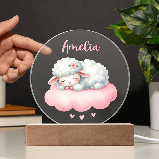 Custom Name Baby Night Light Animal Nursery Decor - LED Acrylic Circle Plaque